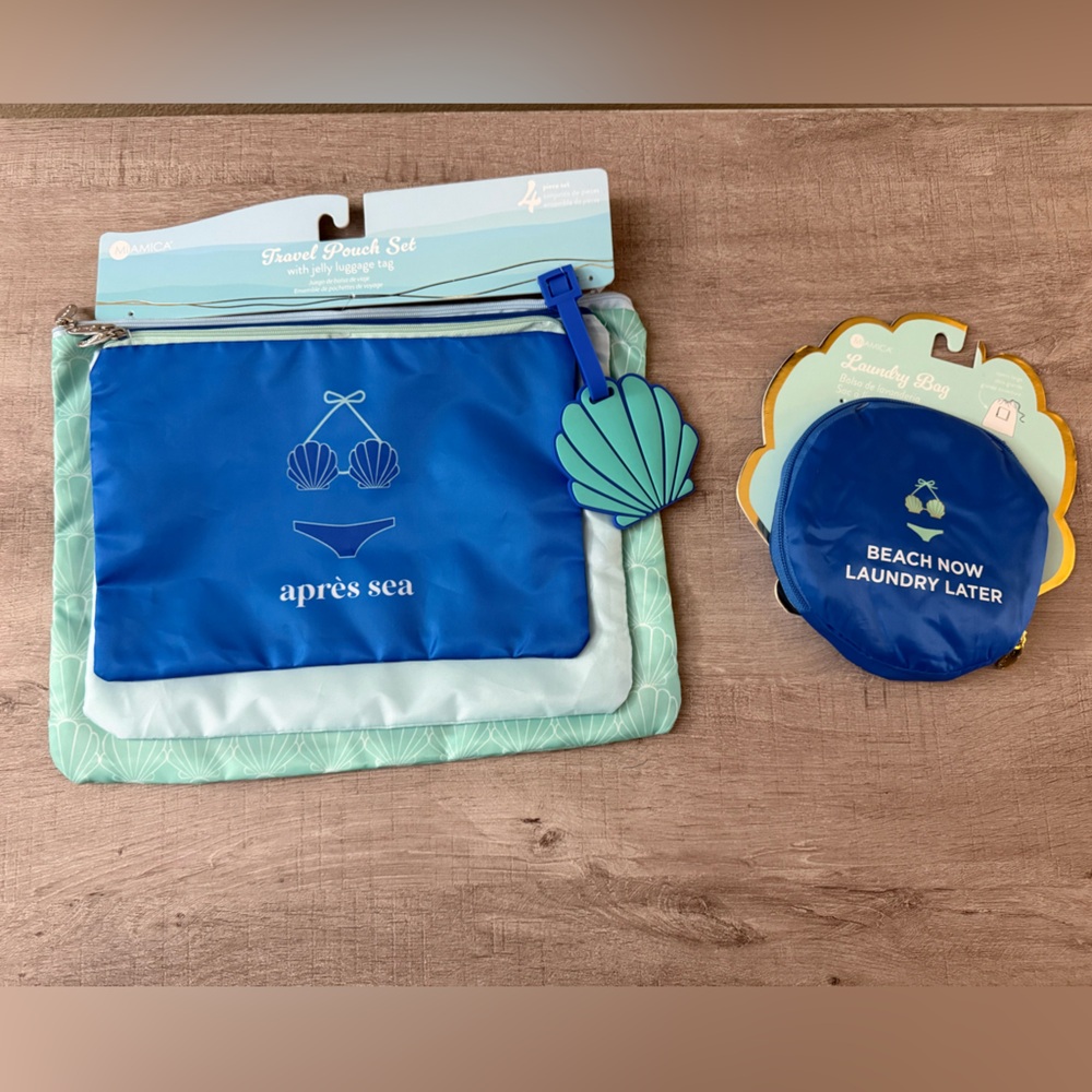 Miamica 5 Pc Travel Pouch Set, Luggage Tag, Laundry Bag Shell Bikini